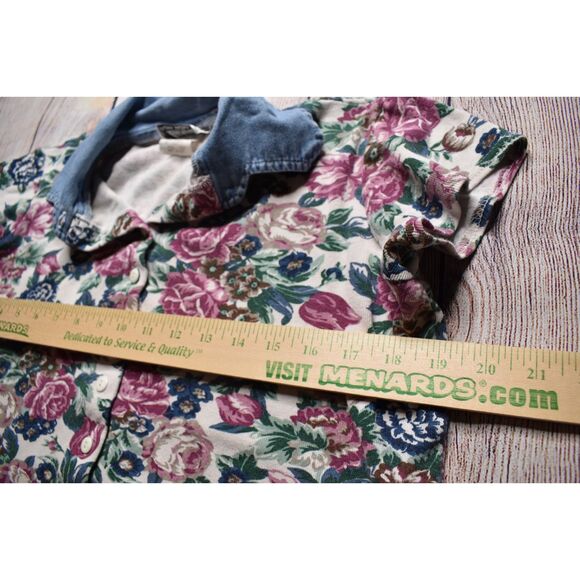 Vintage Lajate Button Up Collared Crop Tee Shirt Floral Flowers Womens Large - Picture 7 of 8